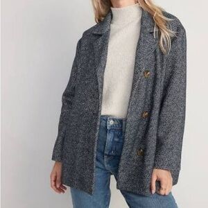 Old Navy Medium Navy and White Herringbone Pea Coat Tortoiseshell Buttons Jacket